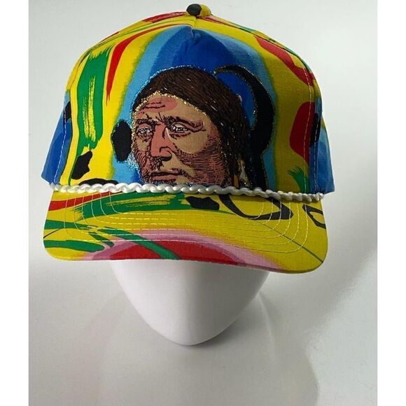 Vtg 80s Style Native American Rope Brim SnapBack Trucker Hat Yellow Multicolor - Picture 1 of 5